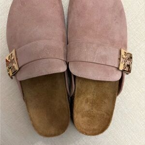 Tory Burch Blush Suede Mules with Gold Accent